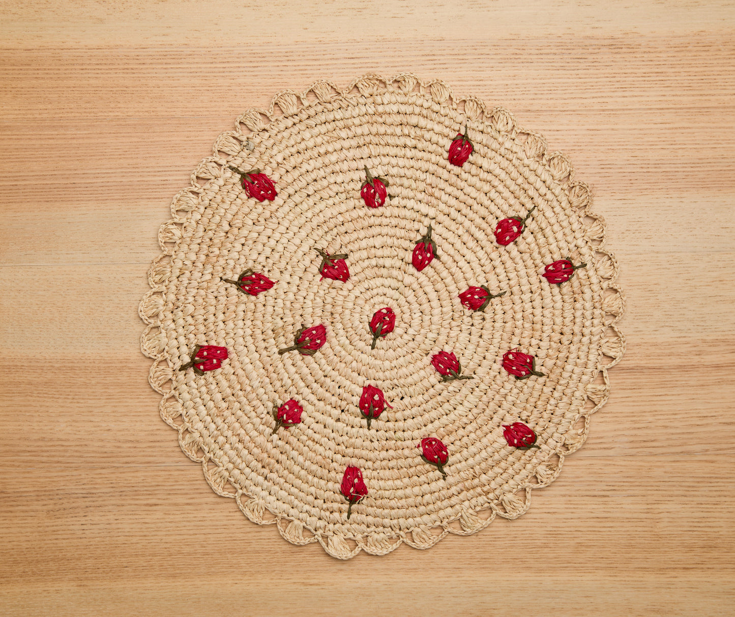 Scattered Strawberry Hand-Crocheted Raffia Palm Round Placemat - Tampa Home & Garden Store