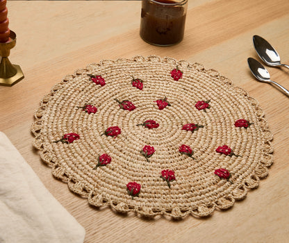 Scattered Strawberry Hand-Crocheted Raffia Palm Round Placemat - Tampa Home & Garden Store