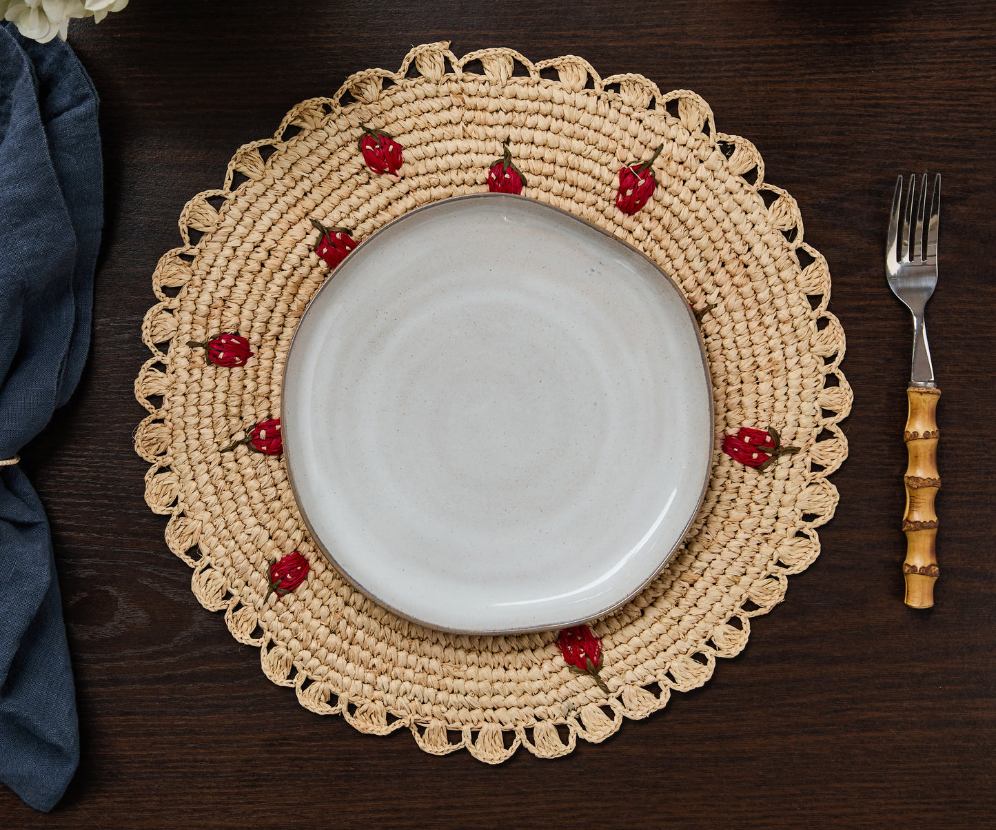 Scattered Strawberry Hand-Crocheted Raffia Palm Round Placemat - Tampa Home & Garden Store