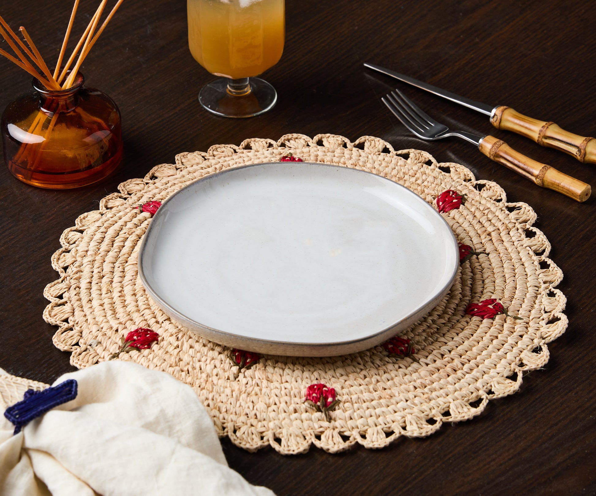 Scattered Strawberry Hand-Crocheted Raffia Palm Round Placemat - Tampa Home & Garden Store