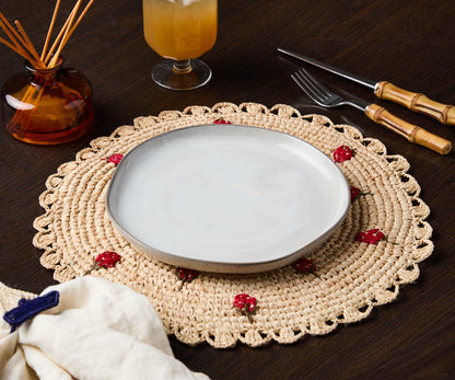 Scattered Strawberry Hand-Crocheted Raffia Palm Round Placemat - Tampa Home & Garden Store