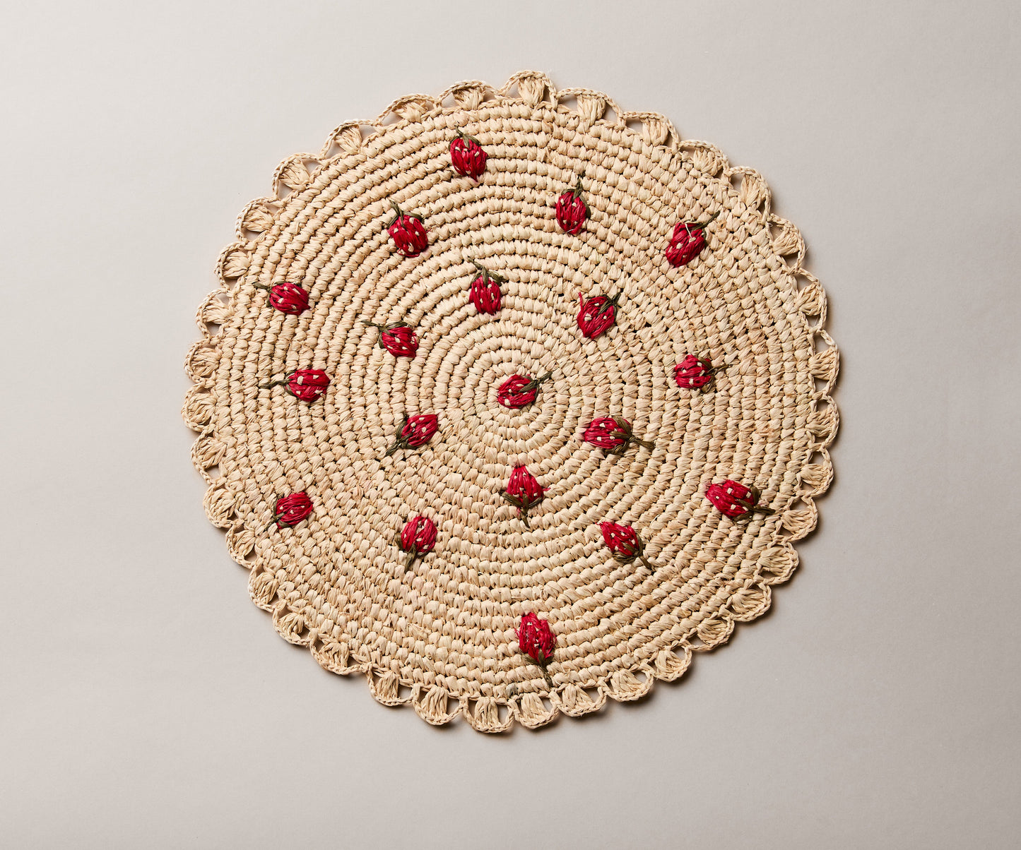 Scattered Strawberry Hand-Crocheted Raffia Palm Round Placemat - Tampa Home & Garden Store