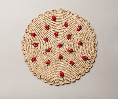 Scattered Strawberry Hand-Crocheted Raffia Palm Round Placemat - Tampa Home & Garden Store