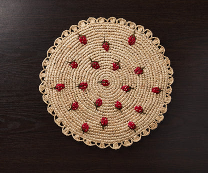 Scattered Strawberry Hand-Crocheted Raffia Palm Round Placemat - Tampa Home & Garden Store