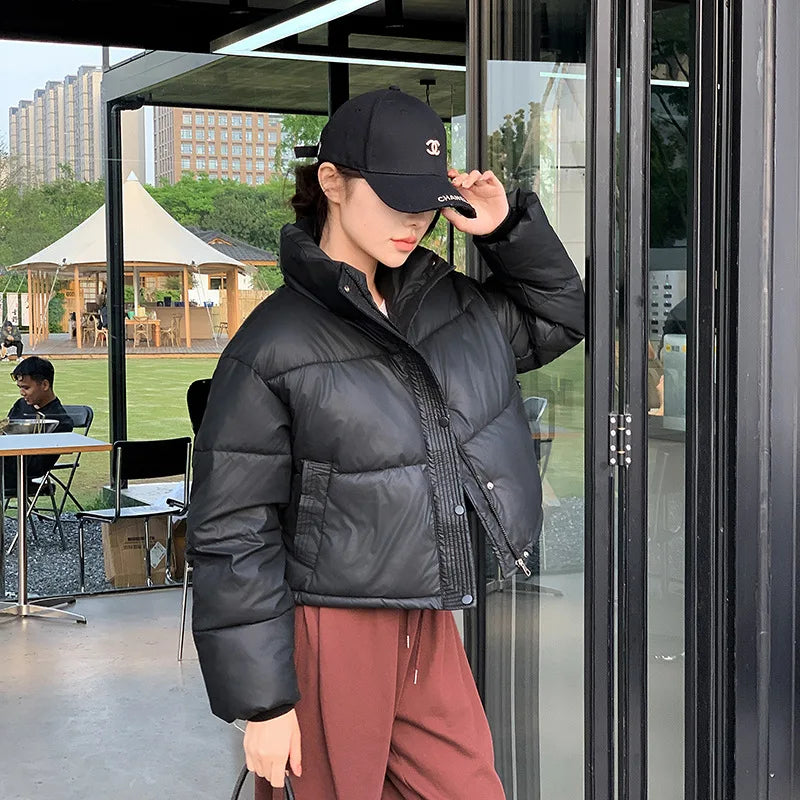Women Winter Cropped Jacket black cotton-padded puffer coat by UpTrend Deals with Chanel-logo cap on Tampa Home & Garden Store