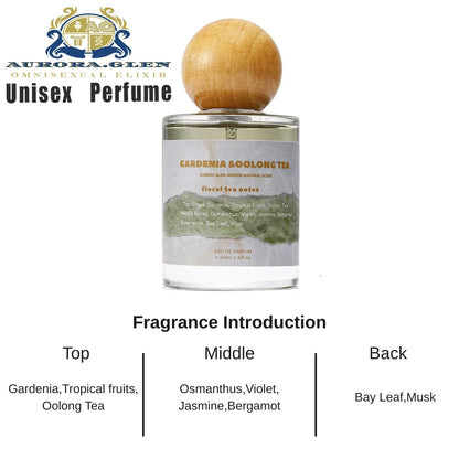 Unisex perfume bottle with wooden cap and Gardenia & Oolong Tea label by Silcy Skin on Tampa Home & Garden Store