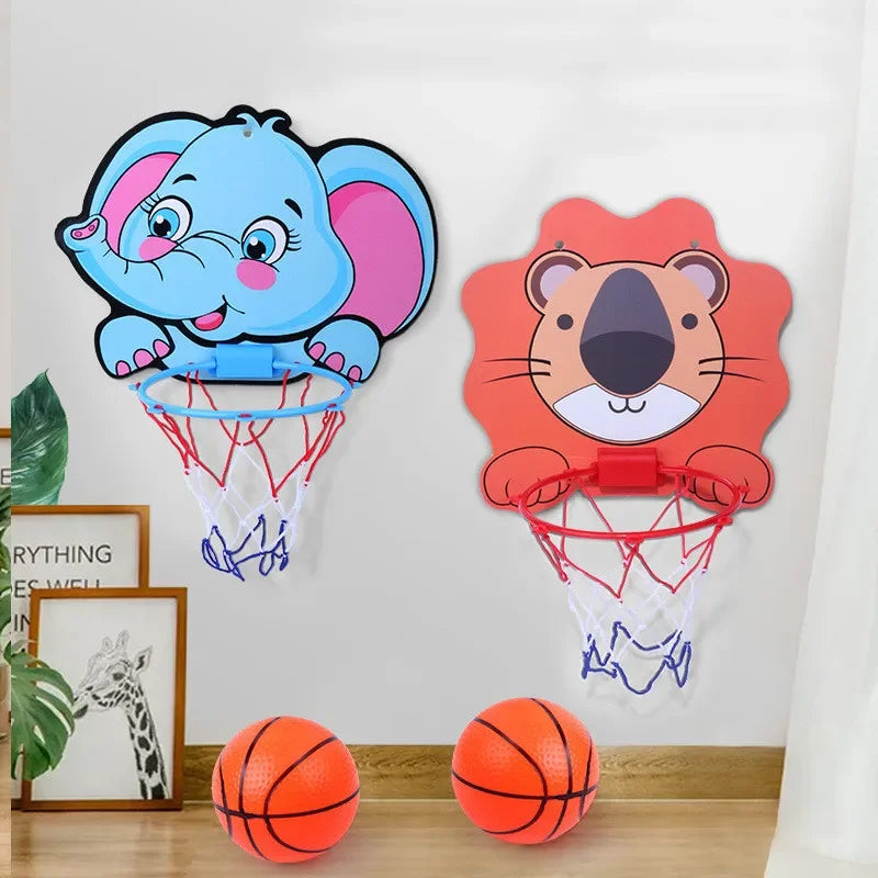 Kids cartoon animal basketball hoop kit with elephant and tiger backboards, two mini basketballs on Tampa Home & Garden Store