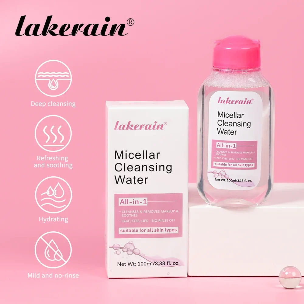 Micellar cleansing water 100ml bottle with pink cap beside Lakerein box All-in-1 on pink bg on Tampa Home & Garden Store