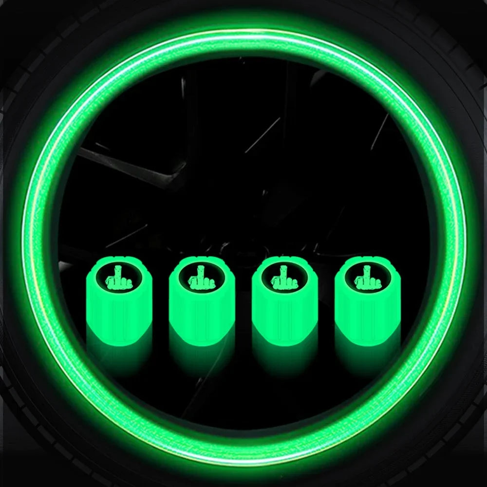 4pcs Luminous valve stem caps by BikerZoneZ, glowing green on wheel on Tampa Home & Garden Store