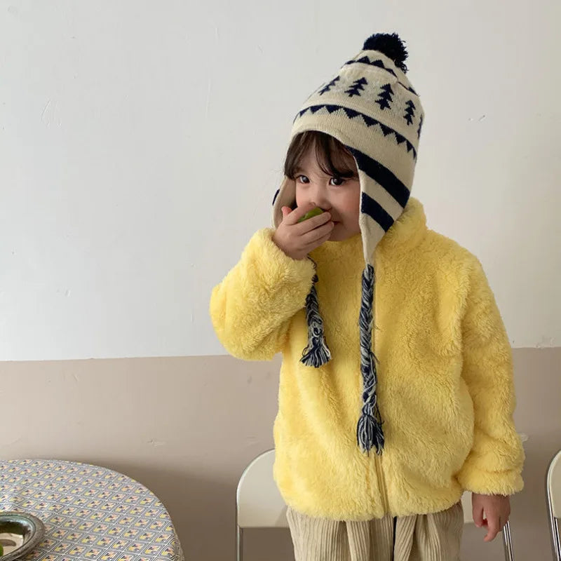 Kids Winter Coat Warm Fleece Jacket yellow hooded fleece with navy drawstrings UpTrend Deals on Tampa Home & Garden Store