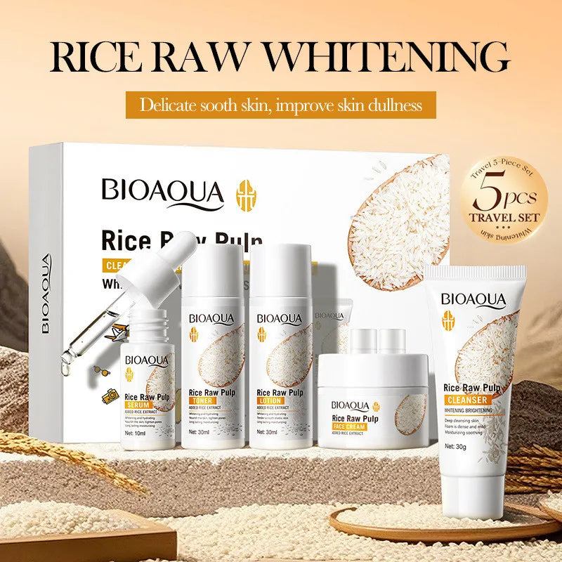 BIOAQUA Rice Raw Pulp skincare kit, 5pc with cleanser, toner, essence, lotion, cream on Tampa Home & Garden Store