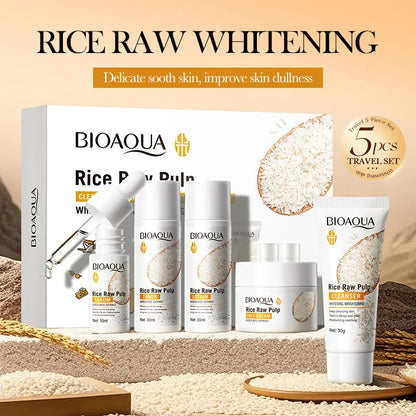 BIOAQUA Rice Raw Pulp skincare kit, 5pc with cleanser, toner, essence, lotion, cream on Tampa Home & Garden Store
