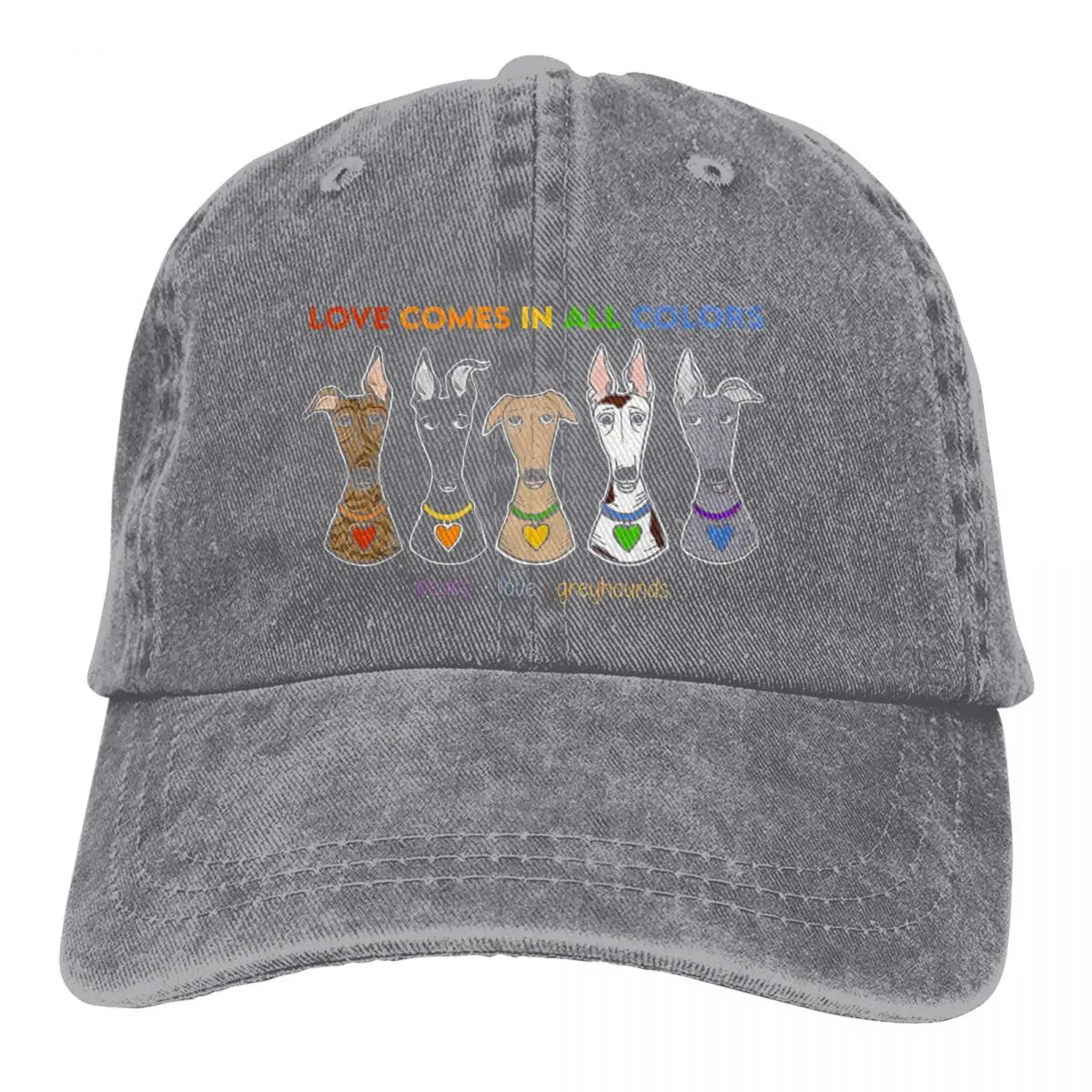 Peace Love Caps hat by BikerZoneZ, gray washed cotton cap with five dogs and rainbow text on Tampa Home & Garden Store