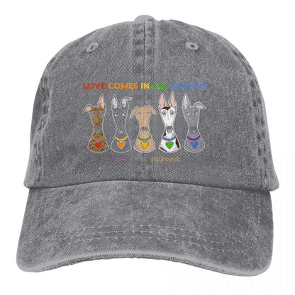 Peace Love Caps hat by BikerZoneZ, gray washed cotton cap with five dogs and rainbow text on Tampa Home & Garden Store