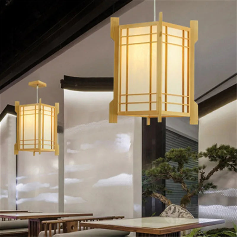 Perfecsy solid wooden pendant light in pine with Japanese frame, warm living room lamp on Tampa Home & Garden Store