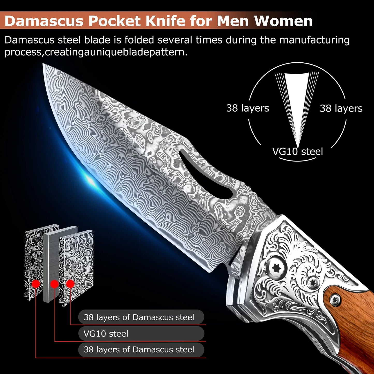 67 Layer Damascus Folding Knife with Wood Handle