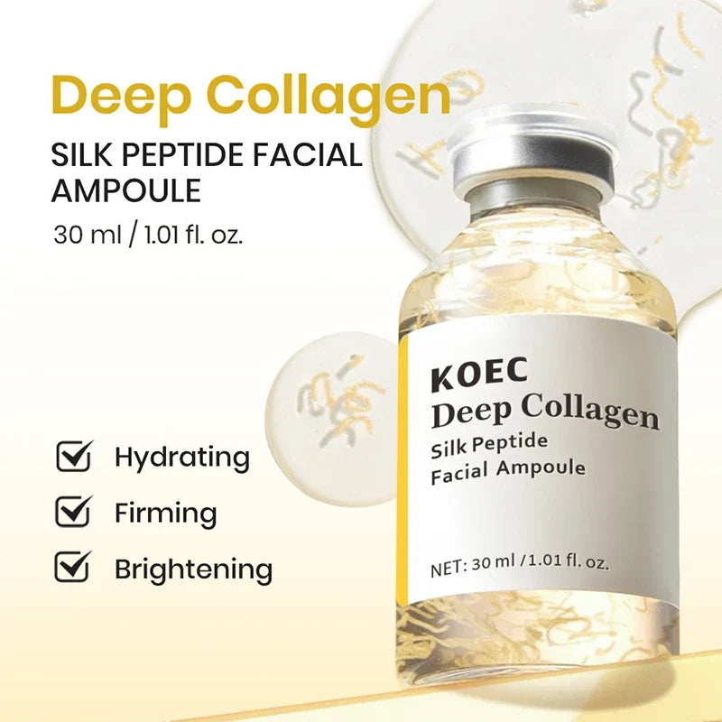 KOEC Deep Collagen Silk Peptide Facial Ampoule bottle, clear glass yellow accent, hydrating on Tampa Home & Garden Store