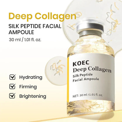 KOEC Deep Collagen Silk Peptide Facial Ampoule bottle, clear glass yellow accent, hydrating on Tampa Home & Garden Store