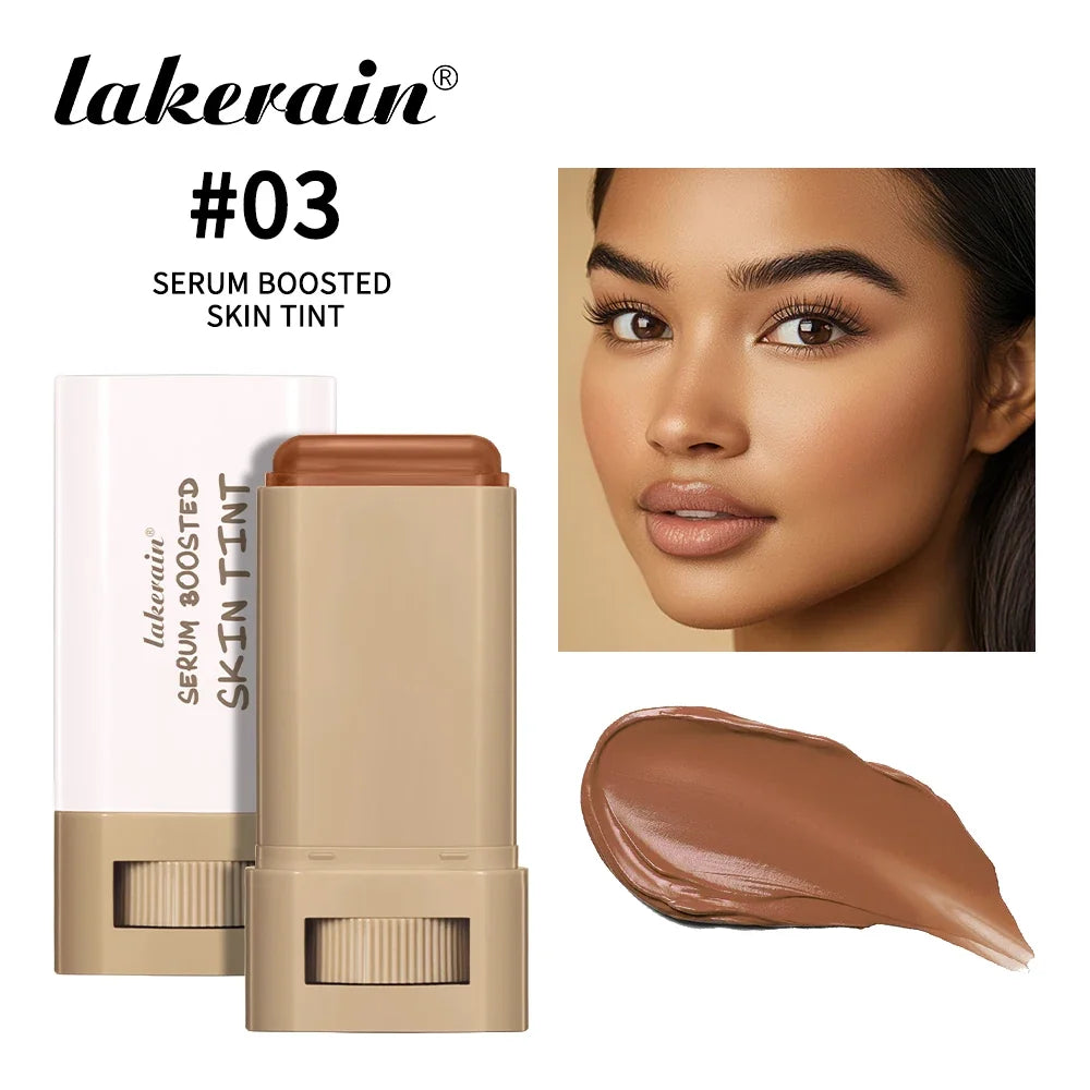 Skin Tint Foundation Stick bronze shade with beige tube and swatch, model close-up on Tampa Home & Garden Store