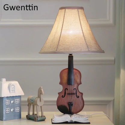 DecorBites Kids Violin LED Table Lamp with beige fabric shade on violin-shaped base on Tampa Home & Garden Store