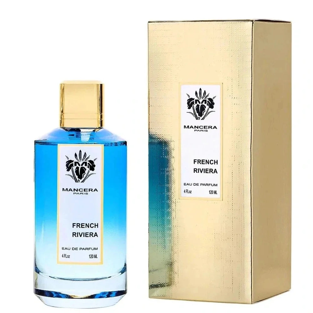 Mancera French Riviera Eau de Parfum bottle with blue liquid and gold cap beside box 120 ml on Tampa Home & Garden Store
