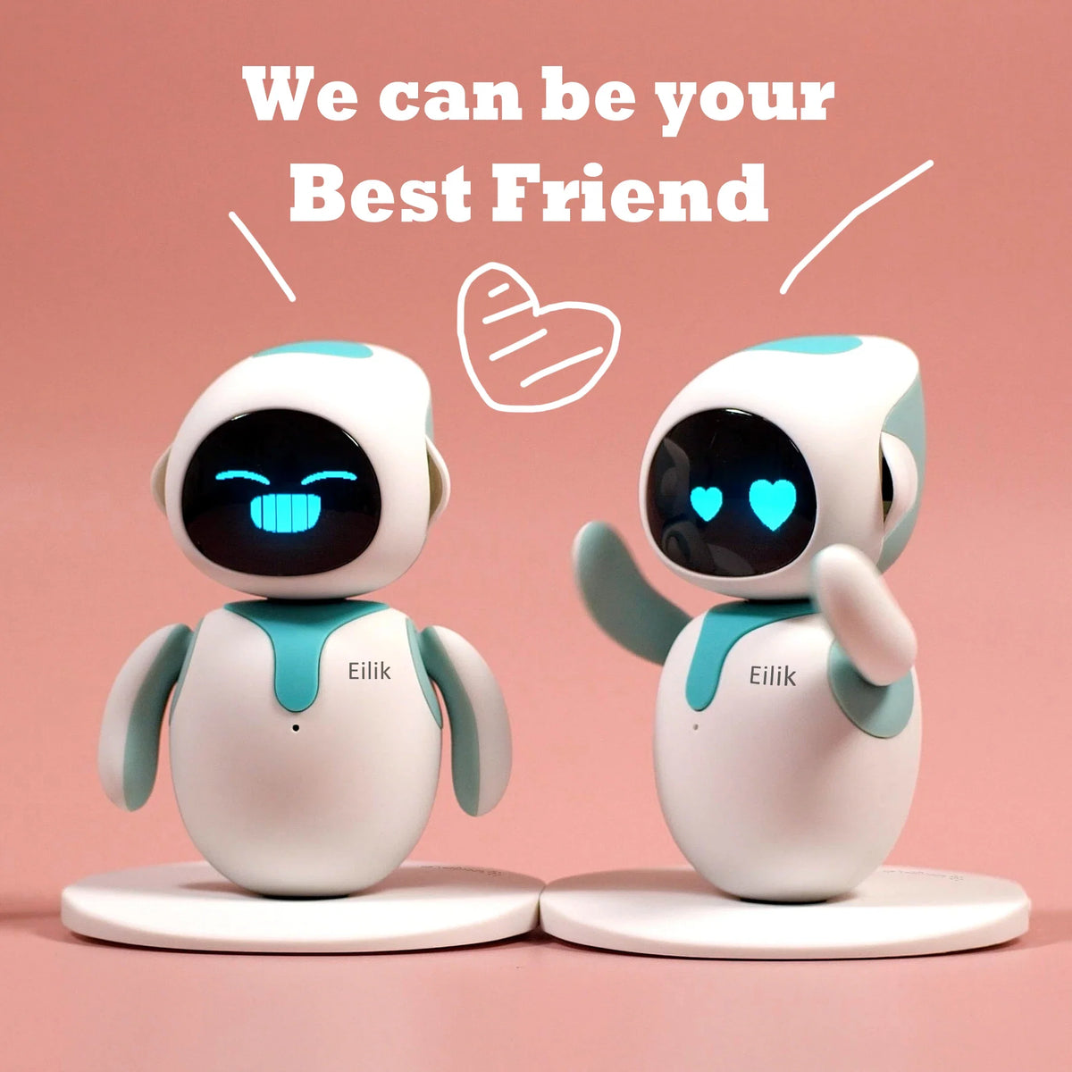 Eilik robot pets pair in white and teal with blue LED expressive faces on desk bases on Tampa Home & Garden Store
