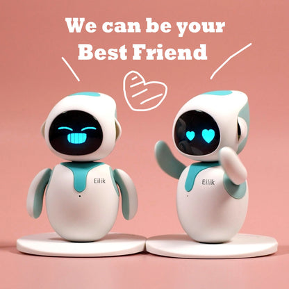 Eilik robot pets pair in white and teal with blue LED expressive faces on desk bases on Tampa Home & Garden Store
