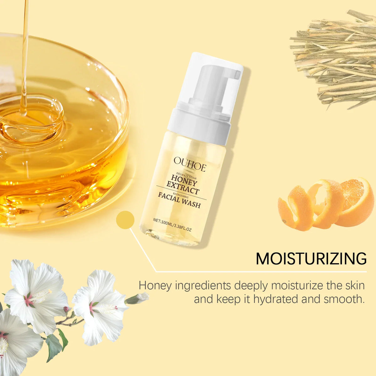 Honey extract facial wash foaming cleanser bottle with pump, pale yellow liquid on Tampa Home & Garden Store