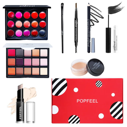POPFEEL all-in-one makeup kit by Silcy Skin with 2 eyeshadow palettes on red gift box on Tampa Home & Garden Store