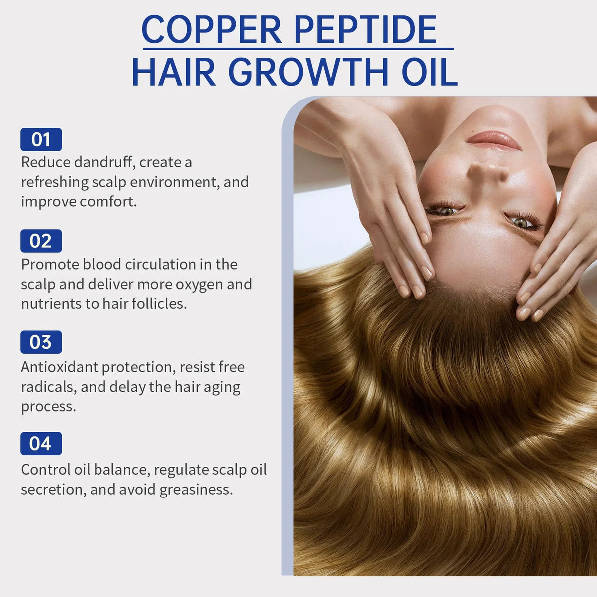 Copper peptide hair growth oil featuring a model with long wavy hair and 01–04 scalp care steps on Tampa Home & Garden Store