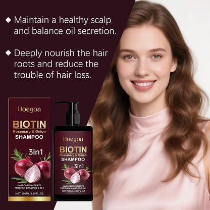 Silcy Skin Biotin Rosemary Onion Shampoo 3in1 bottle & box duo with onions on maroon backdrop on Tampa Home & Garden Store