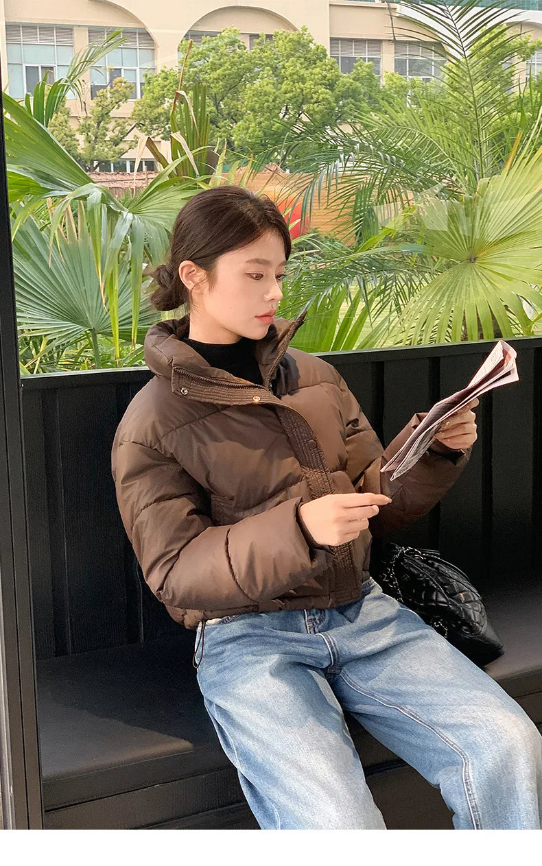 Women Winter Cropped Jacket - brown puffer coat by UpTrend Deals, reading a newspaper on Tampa Home & Garden Store