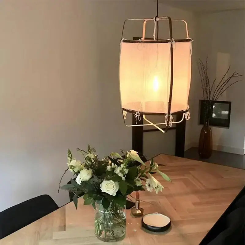 DecorBites linen cloth pendant light, bohemian fabric chandelier with beige shade over table on Tampa Home & Garden Store