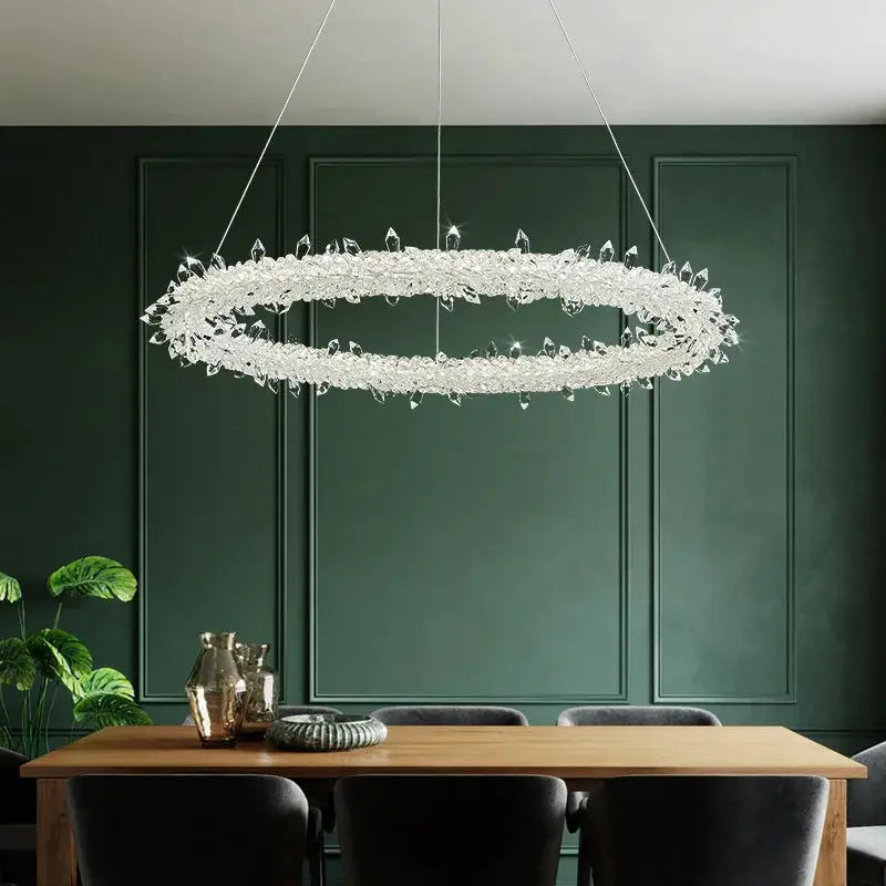 DecorBites Luxe Crystal Circle LED Pendant Light dimmable Art Deco crystal ring over table on Tampa Home & Garden Store