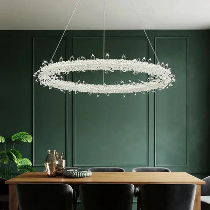 DecorBites Luxe Crystal Circle LED Pendant Light dimmable Art Deco crystal ring over table on Tampa Home & Garden Store