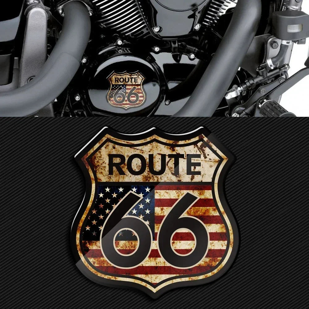 3D Route 66 Vintage Sticker by BikerZoneZ; dual distressed shield emblems with US flag on Tampa Home & Garden Store