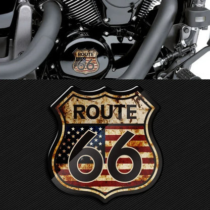 3D Route 66 Vintage Sticker by BikerZoneZ; dual distressed shield emblems with US flag on Tampa Home & Garden Store