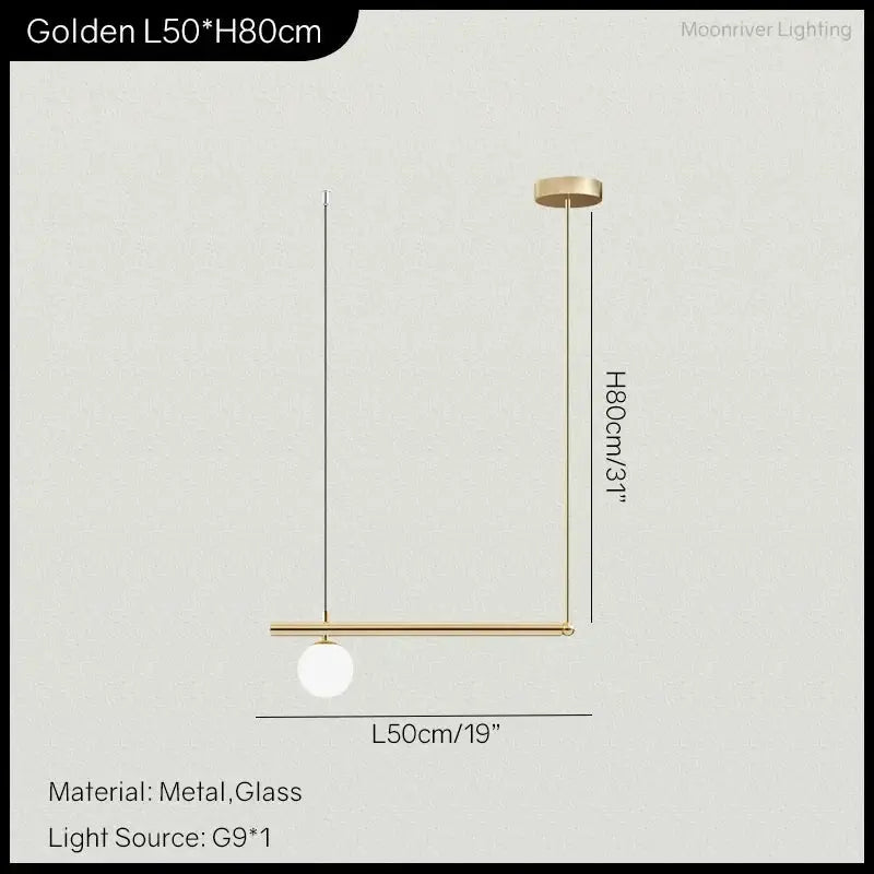 DecorBites Linear Minimalist Pendant Light gold glass globe on 50 cm bar, 80 cm height on Tampa Home & Garden Store