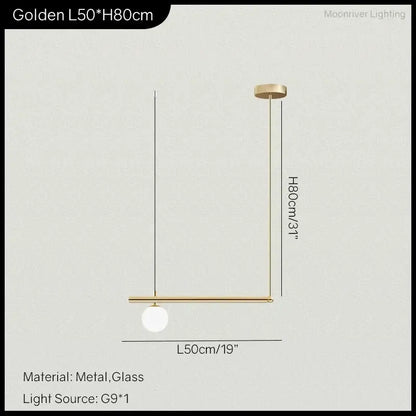 DecorBites Linear Minimalist Pendant Light gold glass globe on 50 cm bar, 80 cm height on Tampa Home & Garden Store