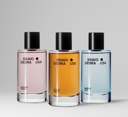 Scent Edit trio by Bravo Sierra USA: pink smoked orris, amber suede musk, blue marine salt on Tampa Home & Garden Store