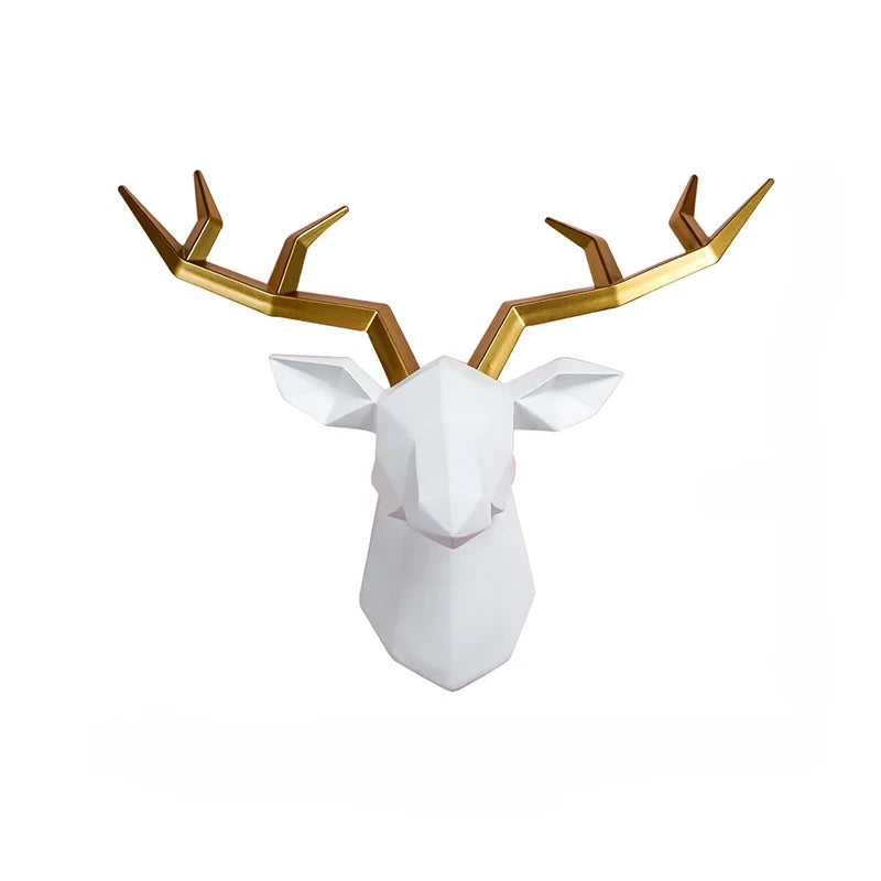 White geometric deer head wall mount with gold antler hooks, decorative resin animal hanger on Tampa Home & Garden Store