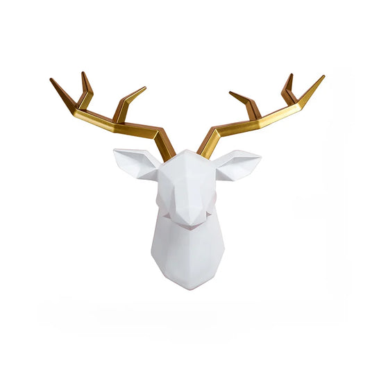 White geometric deer head wall mount with gold antler hooks, decorative resin animal hanger on Tampa Home & Garden Store