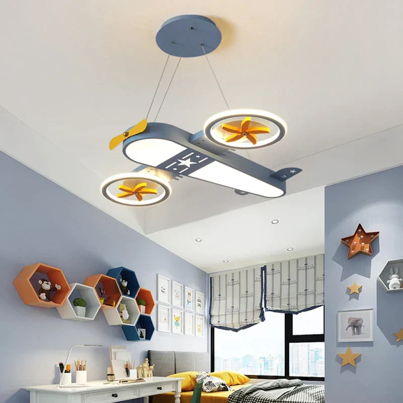 DecorBites Kids Airplane Ceiling Light LED chandelier with yellow propellers remote control on Tampa Home & Garden Store