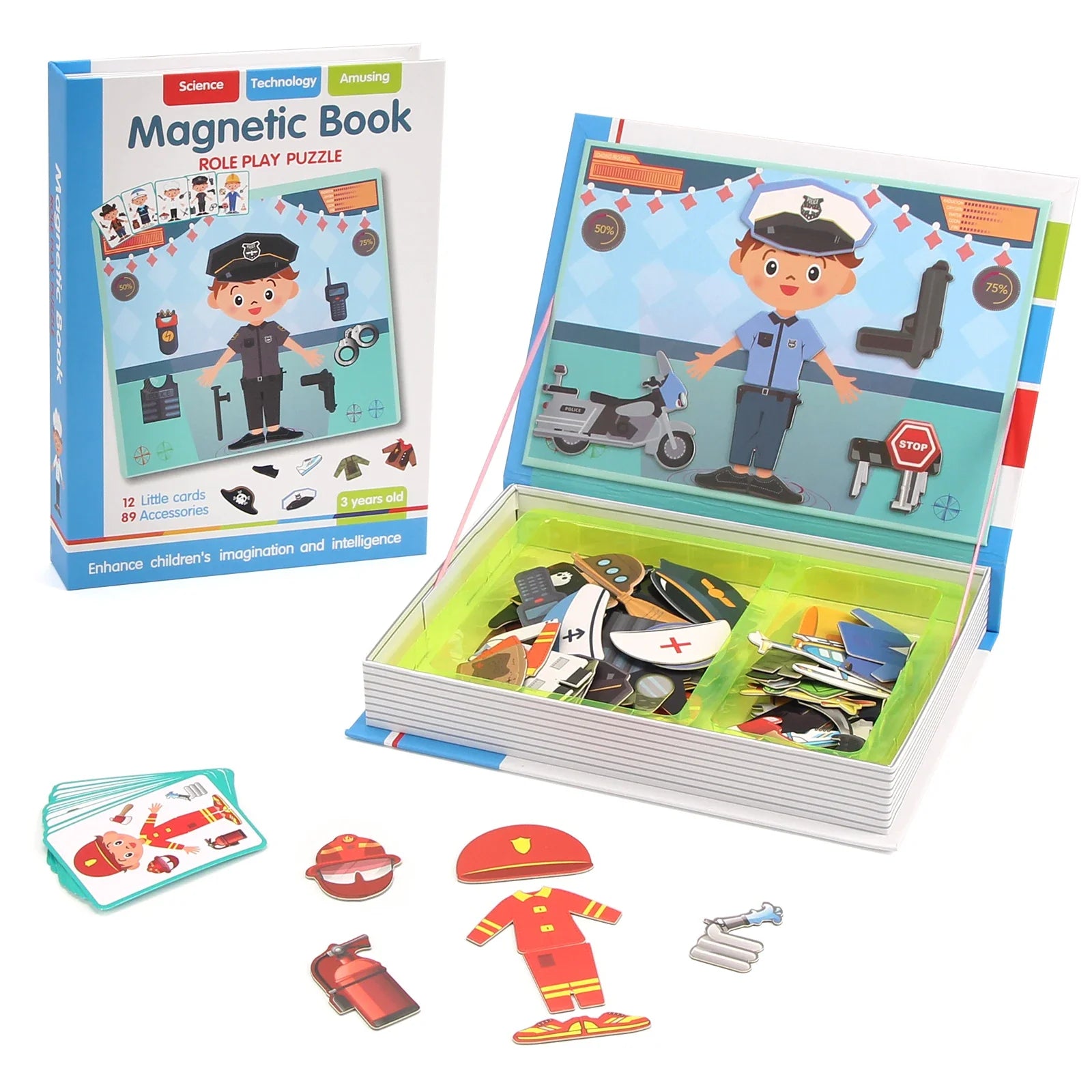 Kids magnetic 3D jigsaw puzzle book with police theme and accessories in a display box on Tampa Home & Garden Store