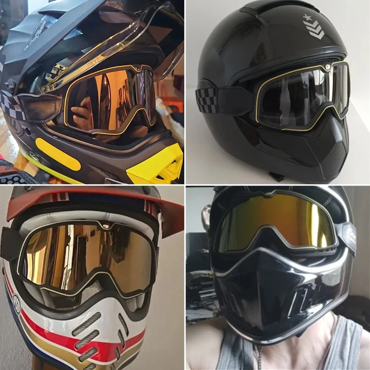 Retro Goggles Motocross by BikerZoneZ collage with yellow-trim and black-frame goggles on helmets on Tampa Home & Garden Store
