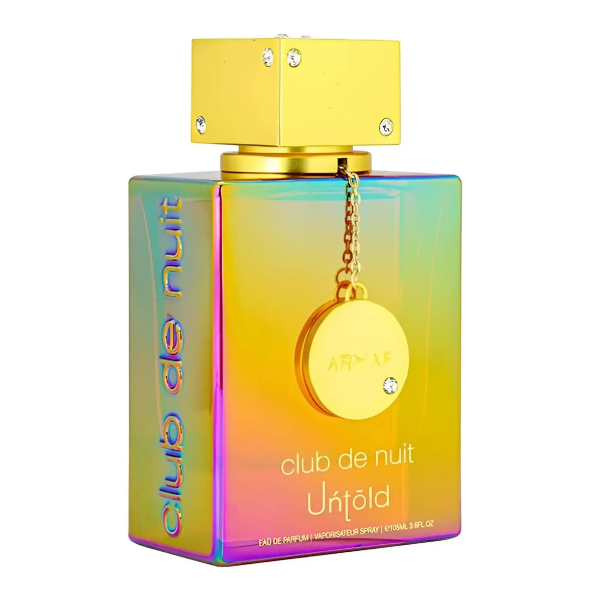 Armaf Club de Nuit Untold EDP bottle with iridescent rainbow box and gold pendant chain on Tampa Home & Garden Store