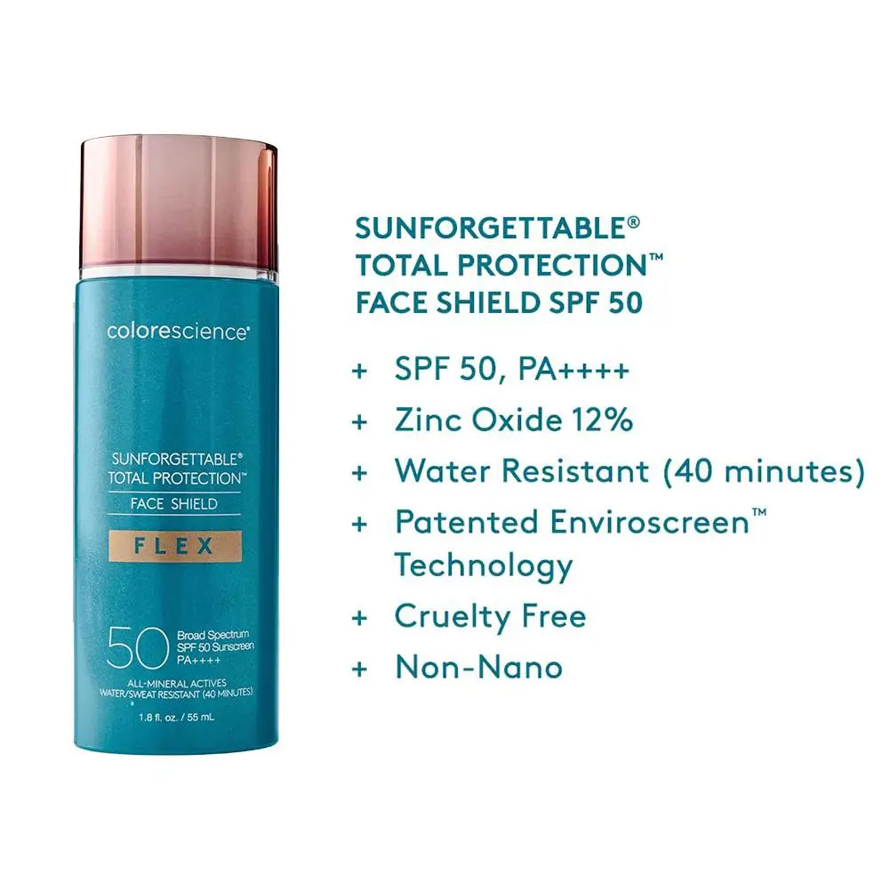 colorscience Sunforgettable Face Shield SPF 50 bottle, teal bottle with pink cap, 55 mL on Tampa Home & Garden Store