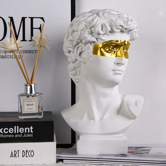David head bust sculpture in white resin with a gold eye mask, modern abstract home decor statue on Tampa Home & Garden Store