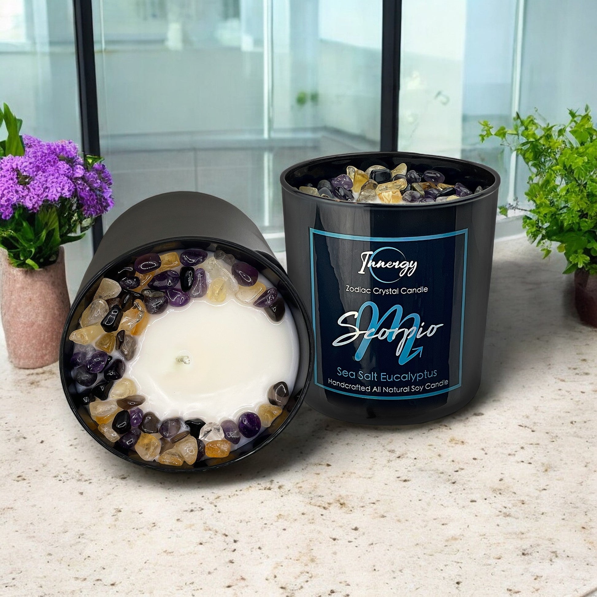 Scorpio Zodiac Crystal Candle with Black Obsidian, Citrine, and Amethyst | Coconut-Soy Wax Candle, 9oz - Tampa Home & Garden Store