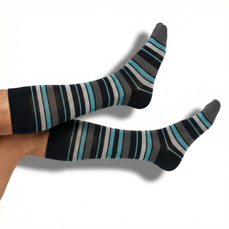 DeadSoxy Weekly Sply Dress Socks, boardroom striped gray teal black, 2 socks on feet on Tampa Home & Garden Store
